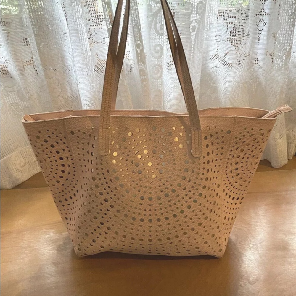 Bath and Body Works Pink & Gold Large VIP Tote Purse Cut Out Style